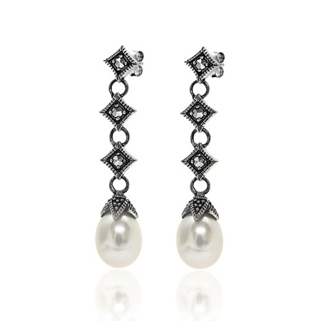 Freshwater Pearl Earrings with Marcasite - Click Image to Close